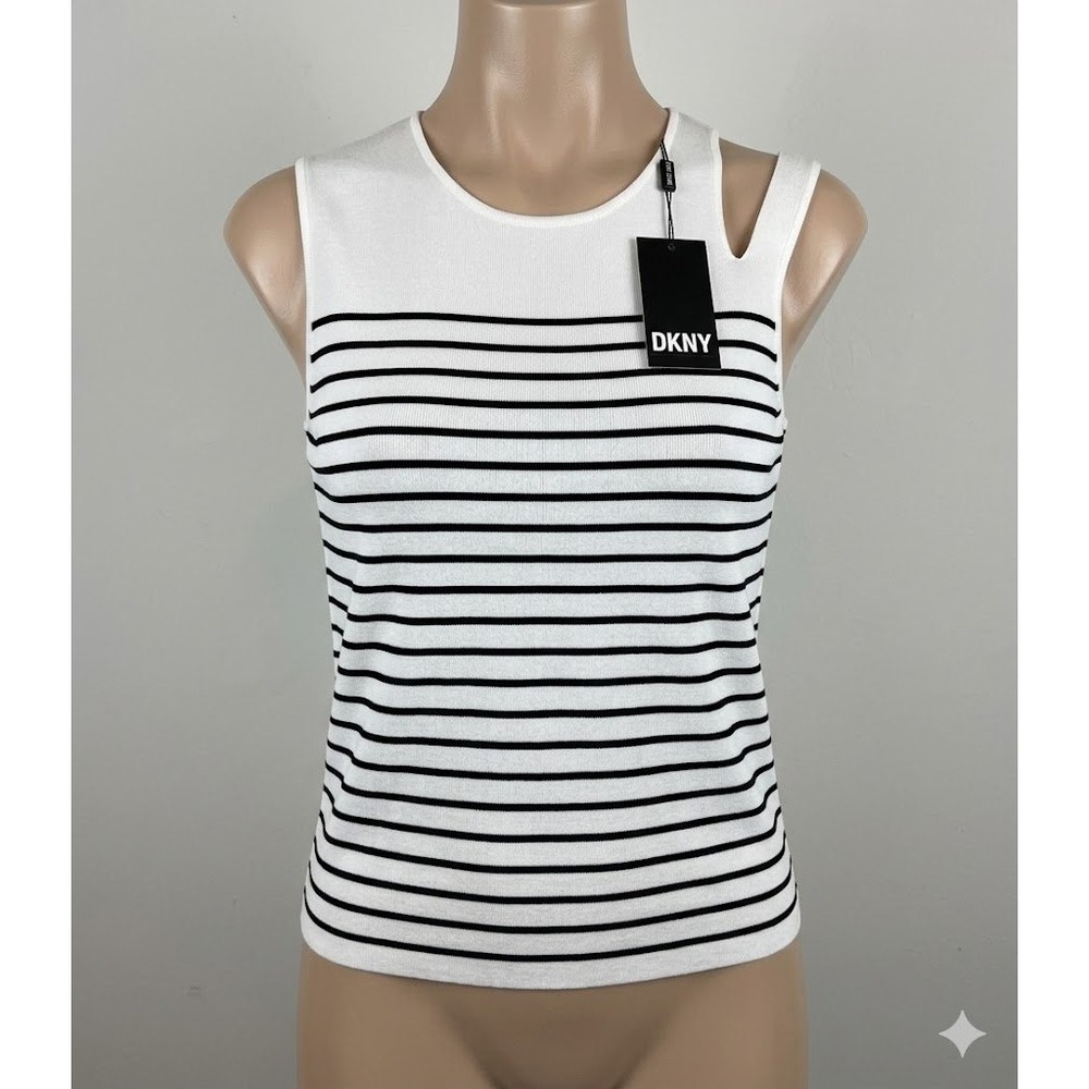 NWT DKNY Jeans‎ Womens XL White Black Striped Cutout Shoulder Knit Tank Top